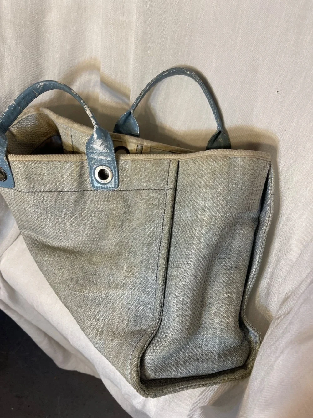 CHANEL Beige Canvas Tote with Blue Handles